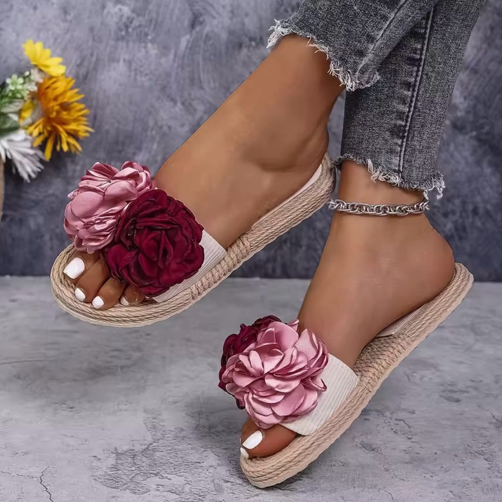 Red and Pink Slide Sandals with Floral Embellishments - Picture 7 of 7